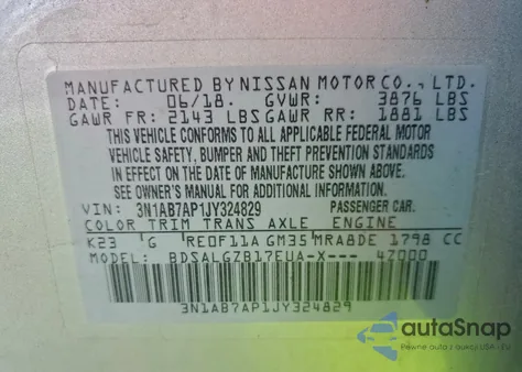 2018 Nissan Sentra S из США, поврежденный, VIN 3N1AB7AP1JY324829